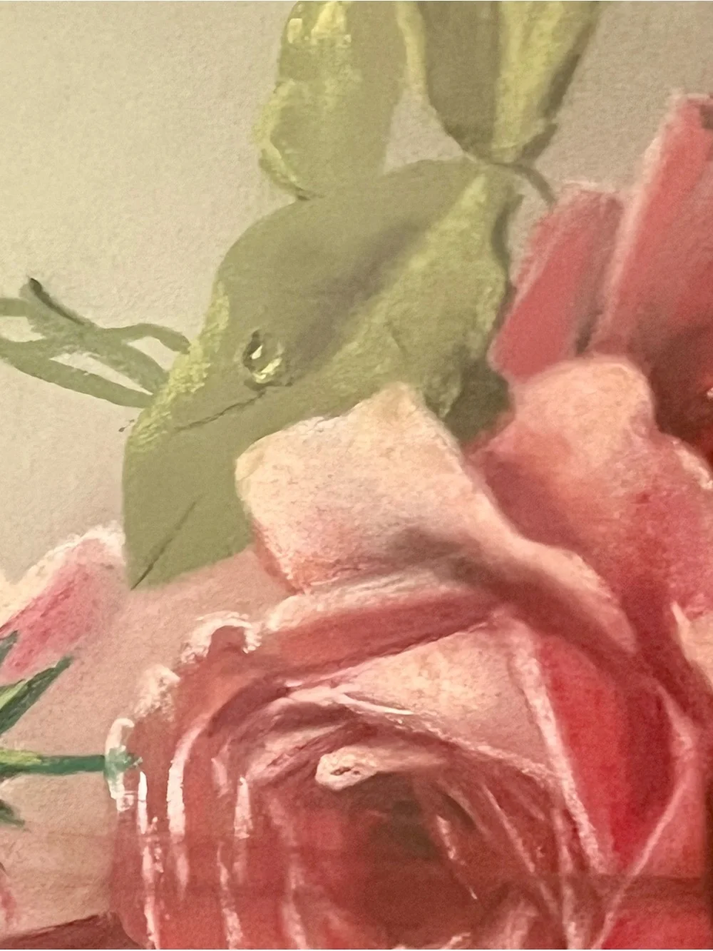 Vintage Oval Floral Artwork Pink And Red Roses Set Within Dark Wood Frame 15/23”